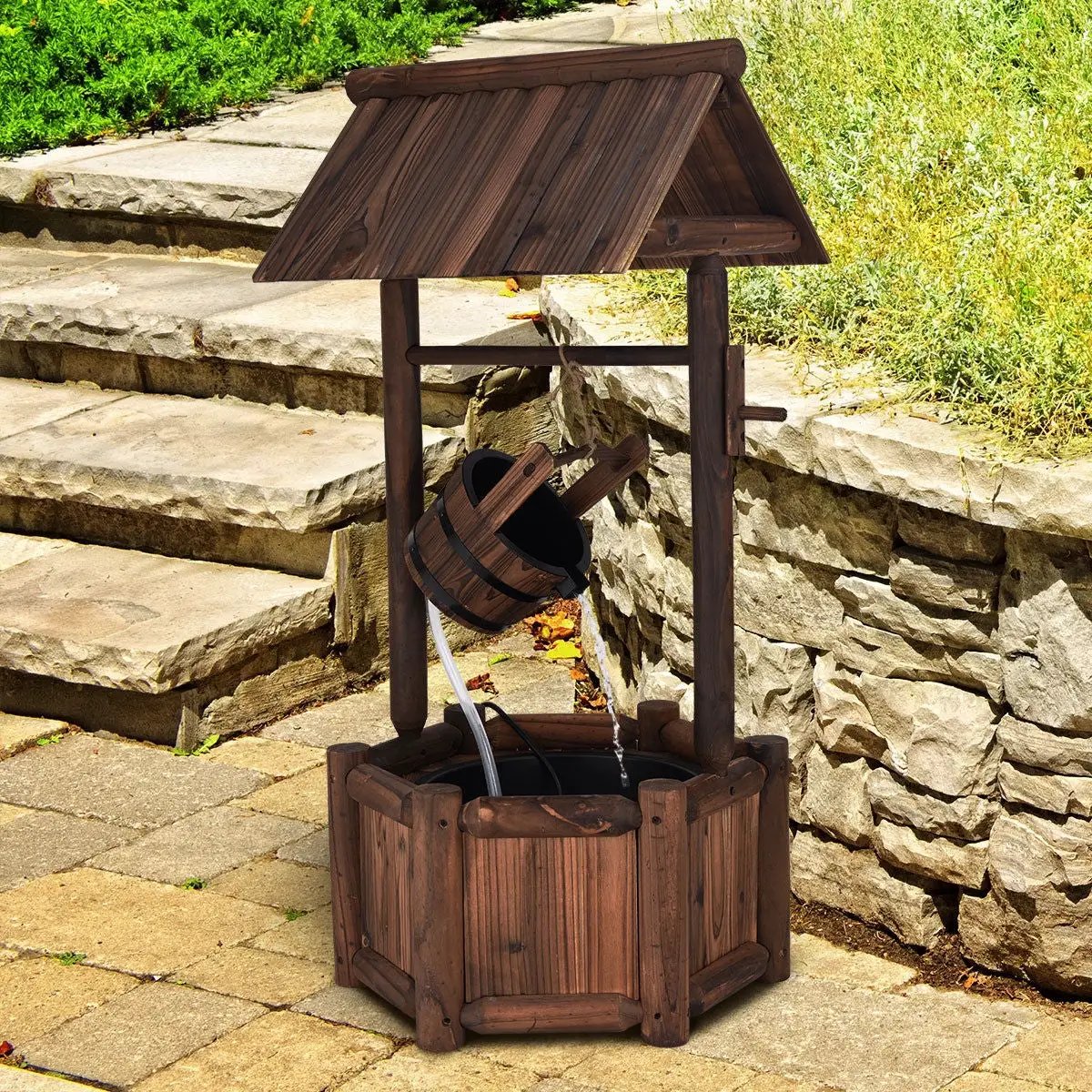 Garden Rustic Wishing Well Wooden Water Fountain with Pump by DirectDeals