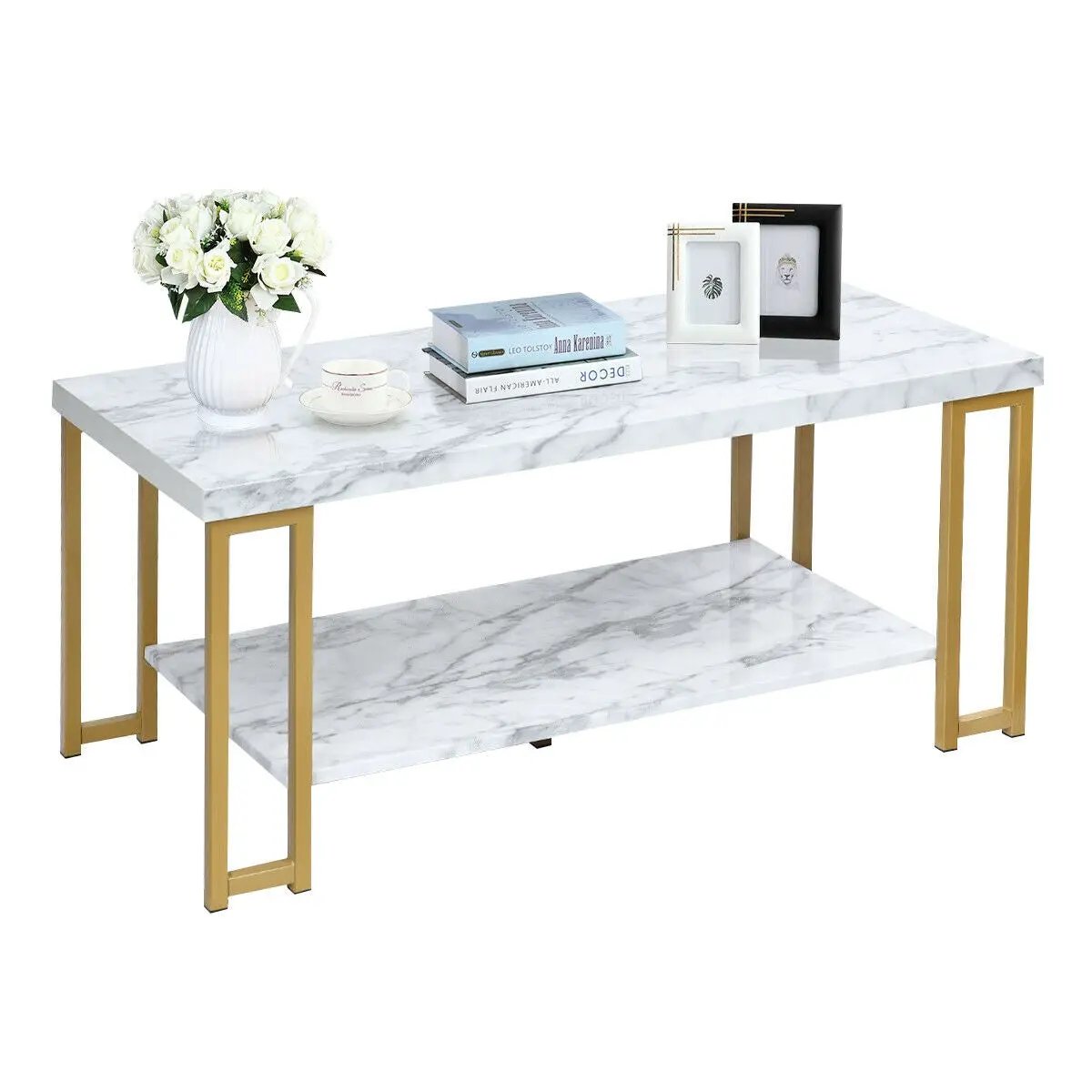 2-Tier Rectangular Modern Coffee Table with Gold Print Metal Frame by DirectDeals