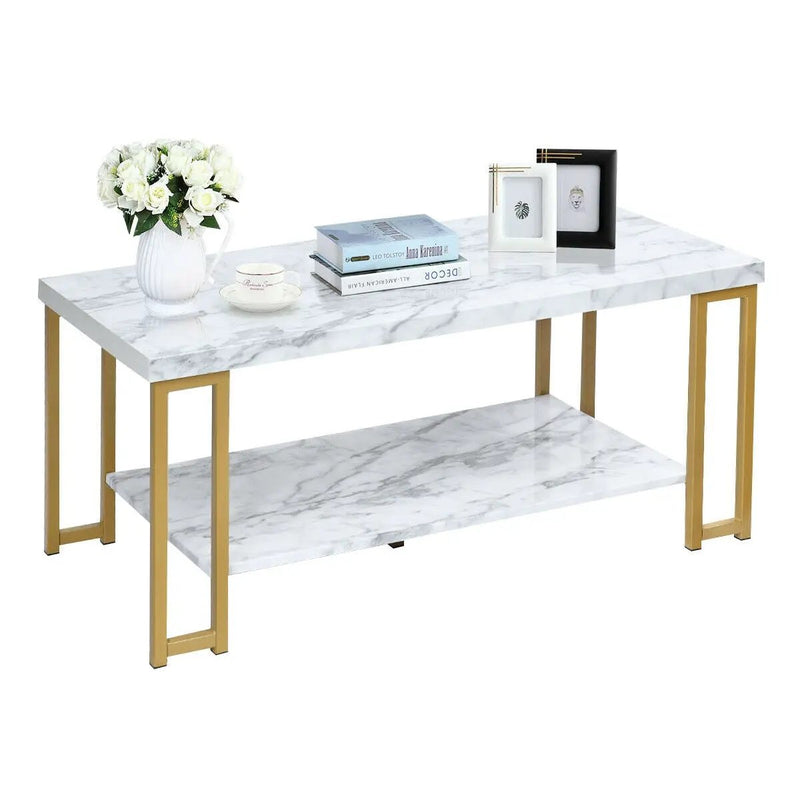 2-Tier Rectangular Modern Coffee Table with Gold Print Metal Frame by DirectDeals