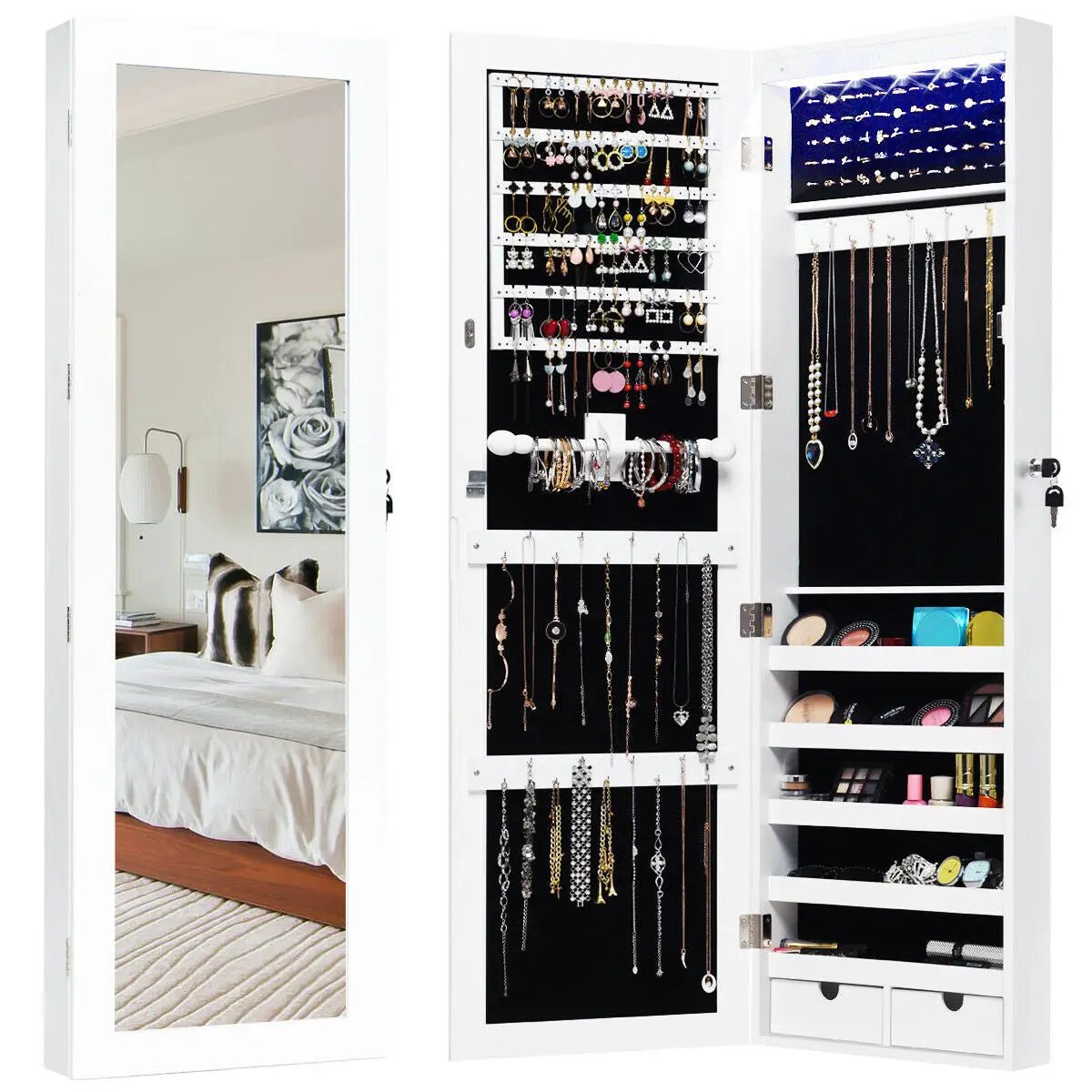 Door Mounted Lockable Mirrored Jewelry Cabinet with LED Lights by DirectDeals