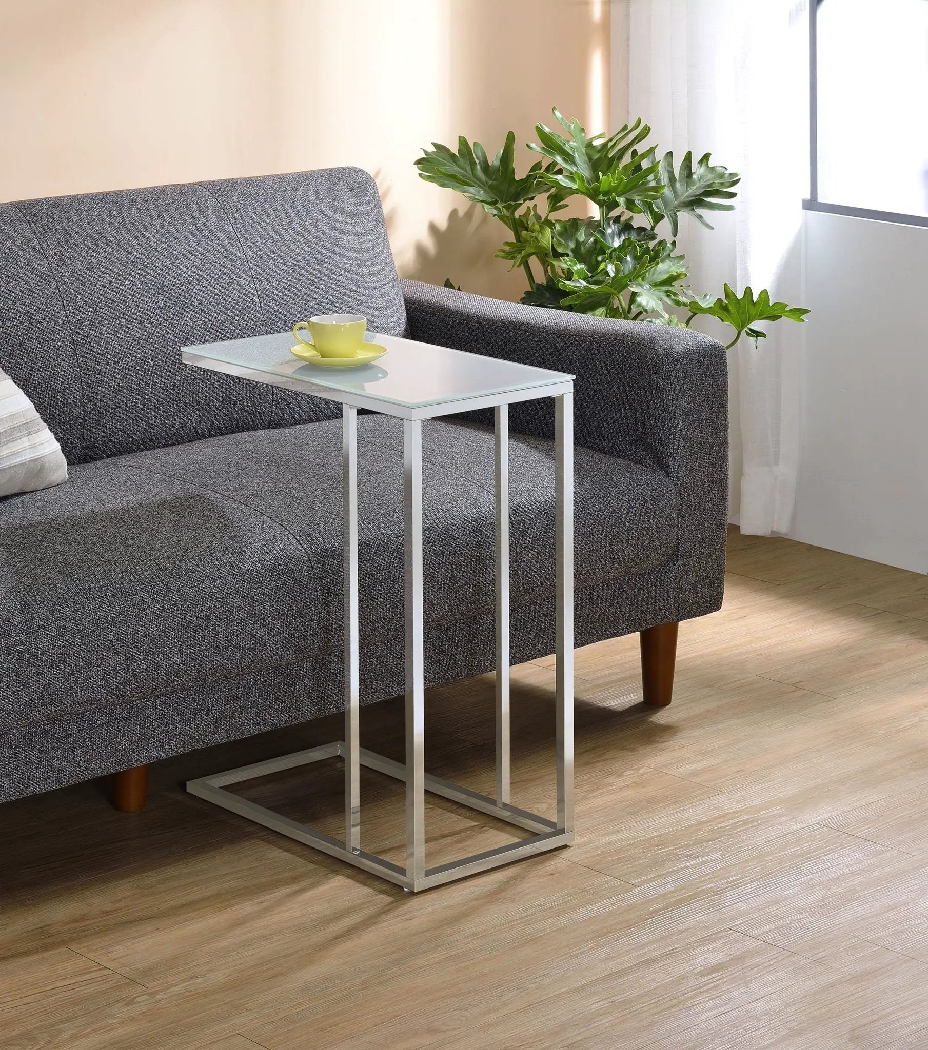 Stella White Glass Top C-Shaped Sofa Side Table Chrome by Unique Piece Furniture
