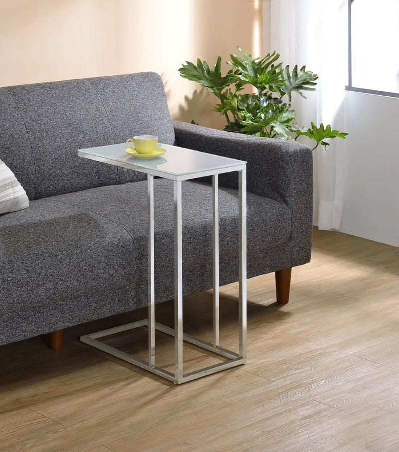 Stella White Glass Top C-Shaped Sofa Side Table Chrome by Unique Piece Furniture