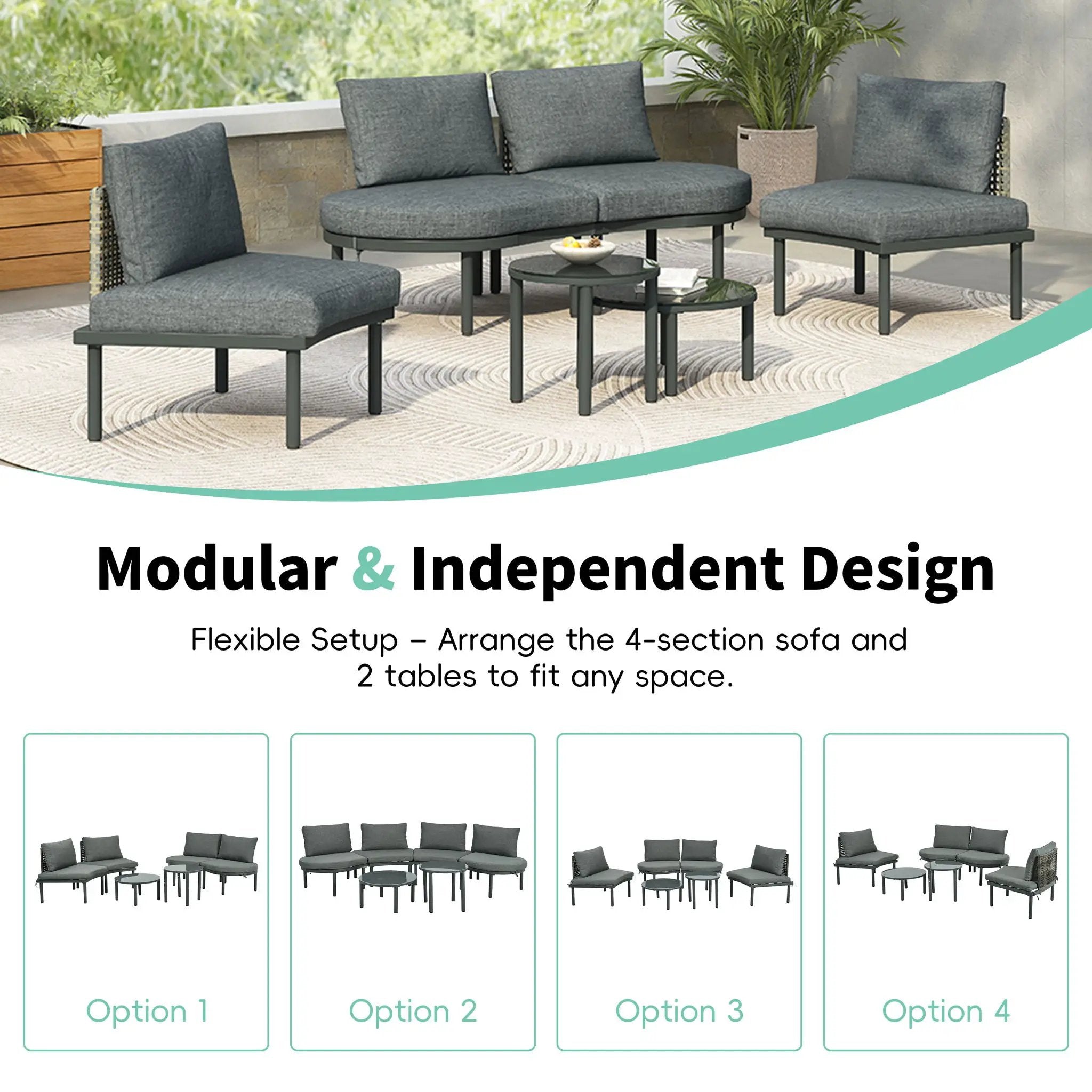 6 Piece Patio Set, Half Moon Outdoor Sectional Sofa With 2 High Low Coffee Tables, 4 Pillows & Cushions by HouseOfZazla