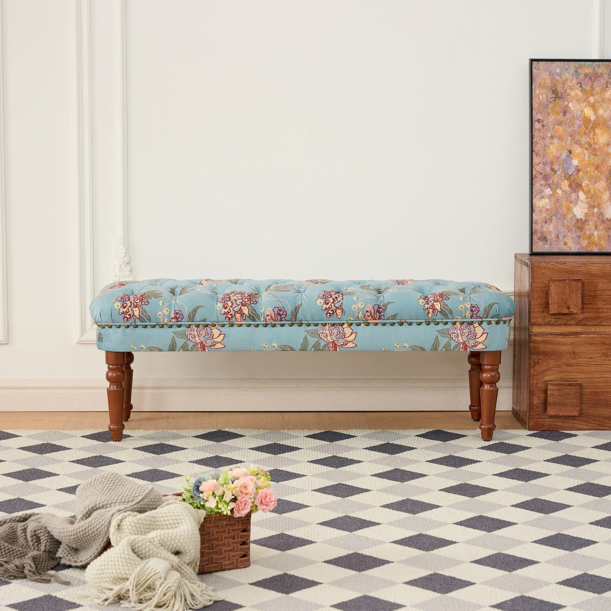 European Style Tufted Floral Bench with Turned Wood Legs - Wine Red, Green, Tiffany Blue, photo 3 of 10