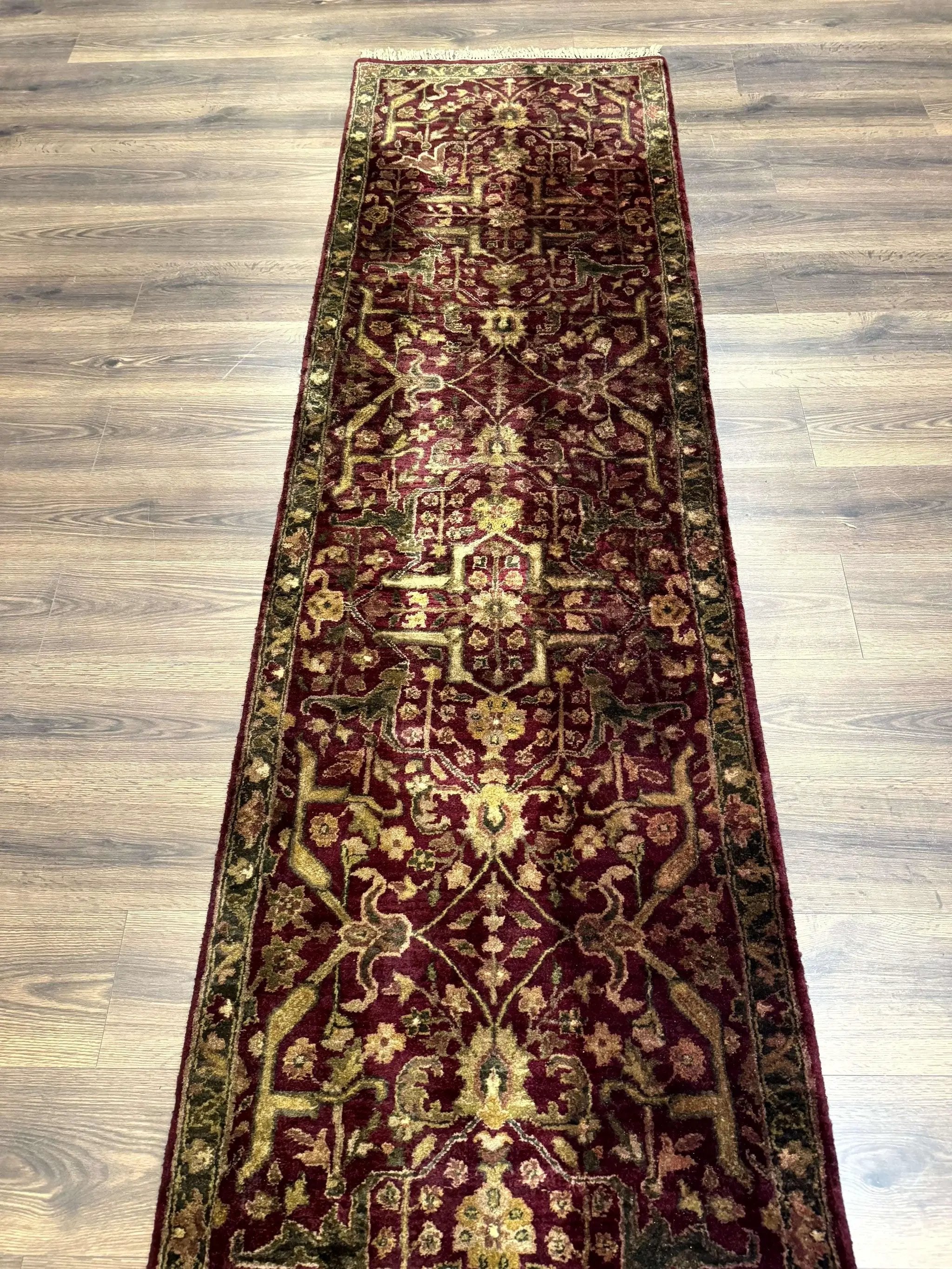 Indo Persian Runner Rug 2.7 x 13.8, Maroon, Wool, Handmade Indian Rug for Hallway by Jewel Rugs