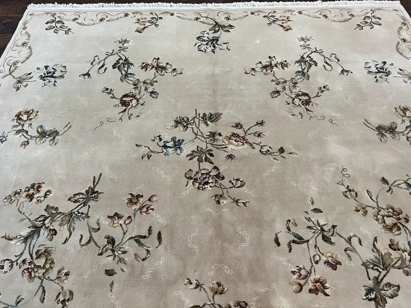 Chinese 120 Line Rug 8x10, Chinese Aubusson Wool & Silk Highlights Handmade Vintage Carpet, Beige Fine Weave Rug, Floral European Design by Jewel Rugs