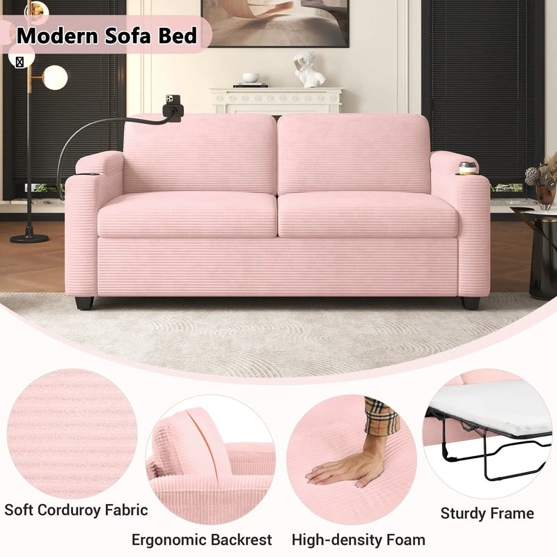 Sleeper Sofa Loveseat Sofa With Full Size Mattress, 2 USB Ports, 2 Cup Holders, 2 Side Pockets And Phone Holder by HouseOfZazla