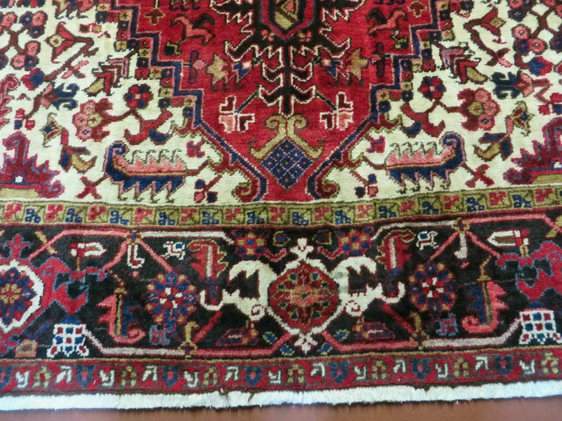 Wonderful Persian Heriz Rug 8.6 x 11, Geometric Heriz Carpet, Semi Antique Decorative Area Rug, Red Ivory Dark Blue Handmade Wool Room Sized by Jewel Rugs