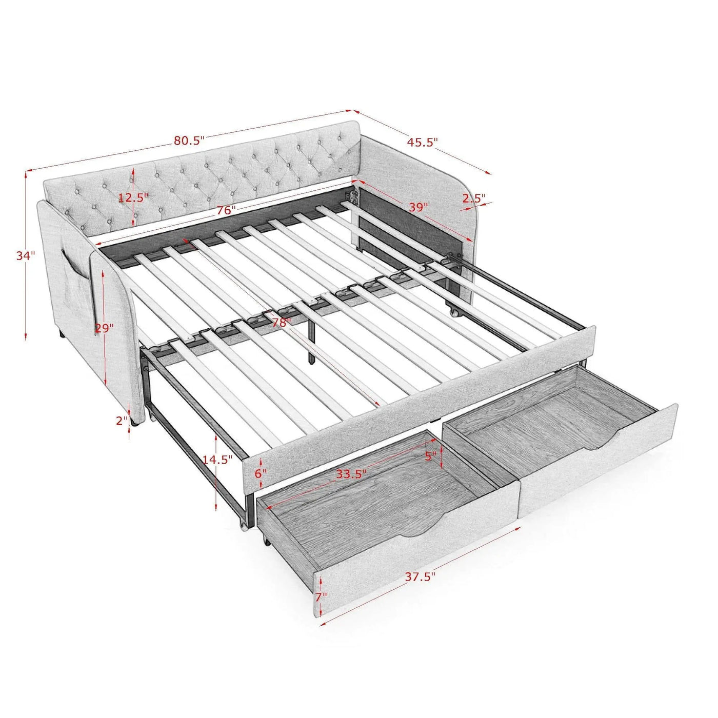 Daybed With Trundle And Storage Drawers, Flat Arms With Pocket by HouseOfZazla