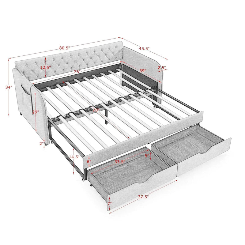 Daybed With Trundle And Storage Drawers, Flat Arms With Pocket by HouseOfZazla
