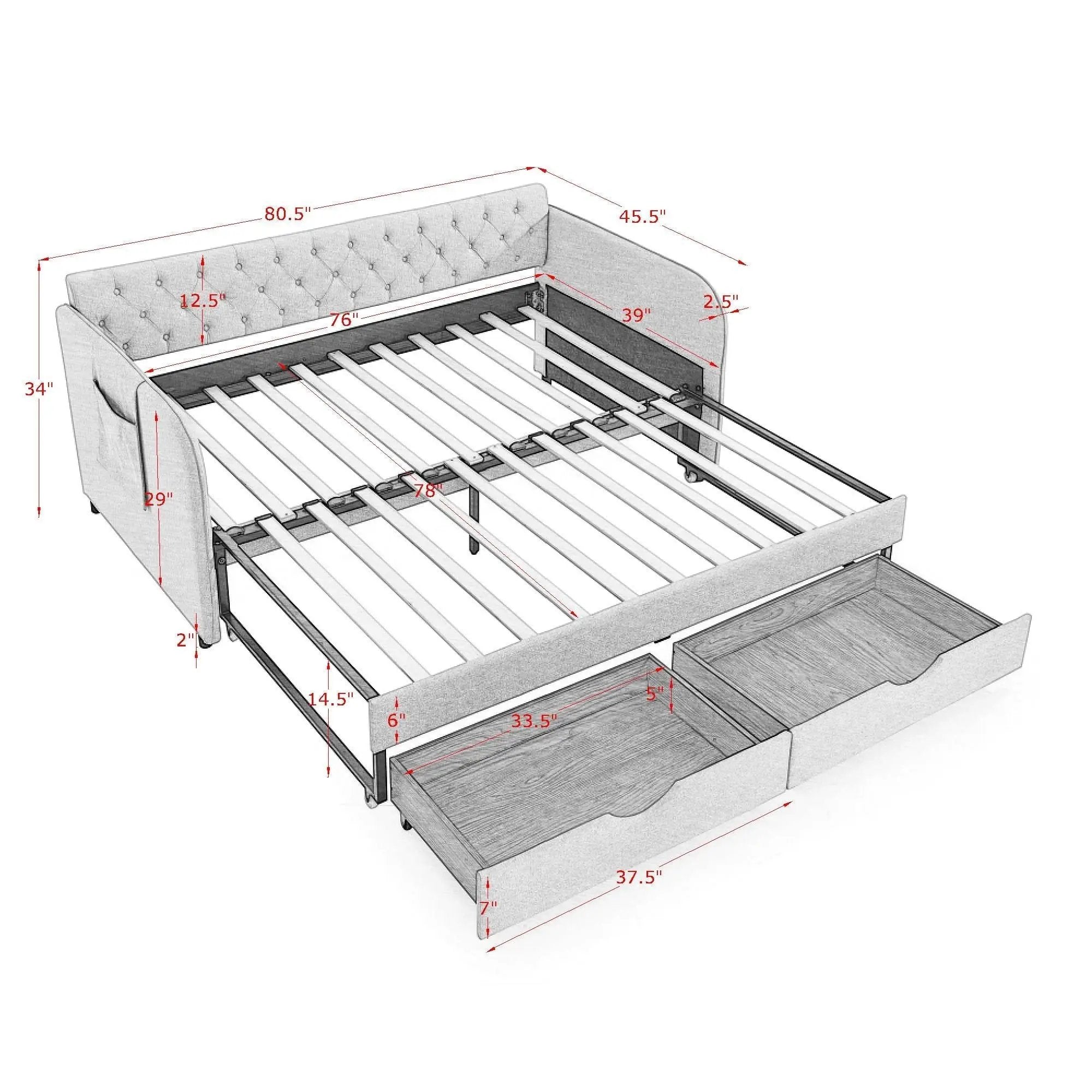 Daybed With Trundle And Storage Drawers, Flat Arms With Pocket by Unique Piece Furniture