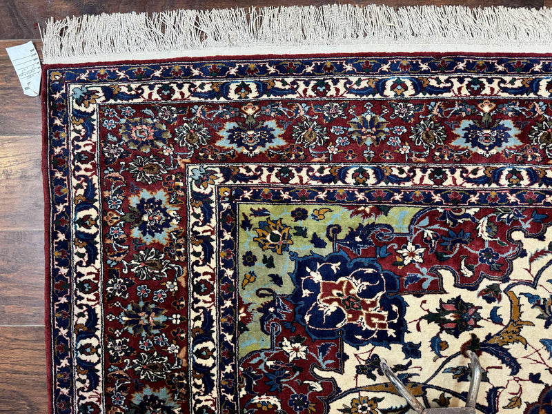 Wonderful Persian Isfahan Rug 7x9, Ivory Navy Blue Red, Floral Medallion, Very Finely Hand Knotted 260 KPSI, Handmade Wool Vintage Rug by Jewel Rugs
