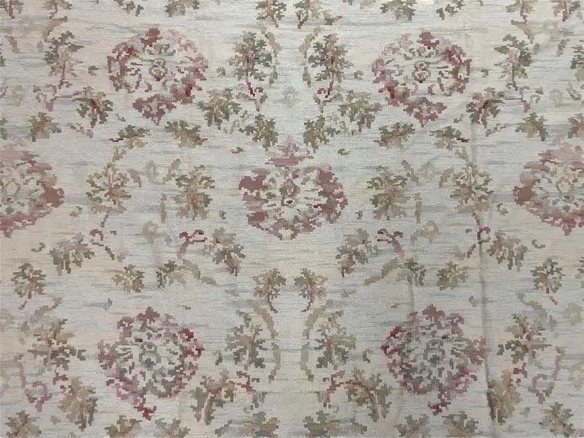 9x12 Flatweave Aubusson Needlepoint Rug, New, Beige, Tan, Green, Handmade, Hand-Knotted Area Rug, French European Carpet, Flowers by Jewel Rugs