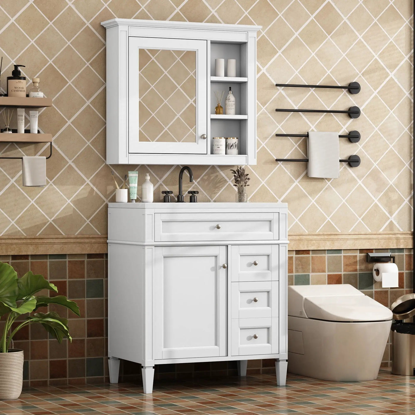 Bathroom Vanity With Top Sink, 2 Doors And 3 Drawers, Freestanding Set With Mirror Cabinet by HouseOfZazla