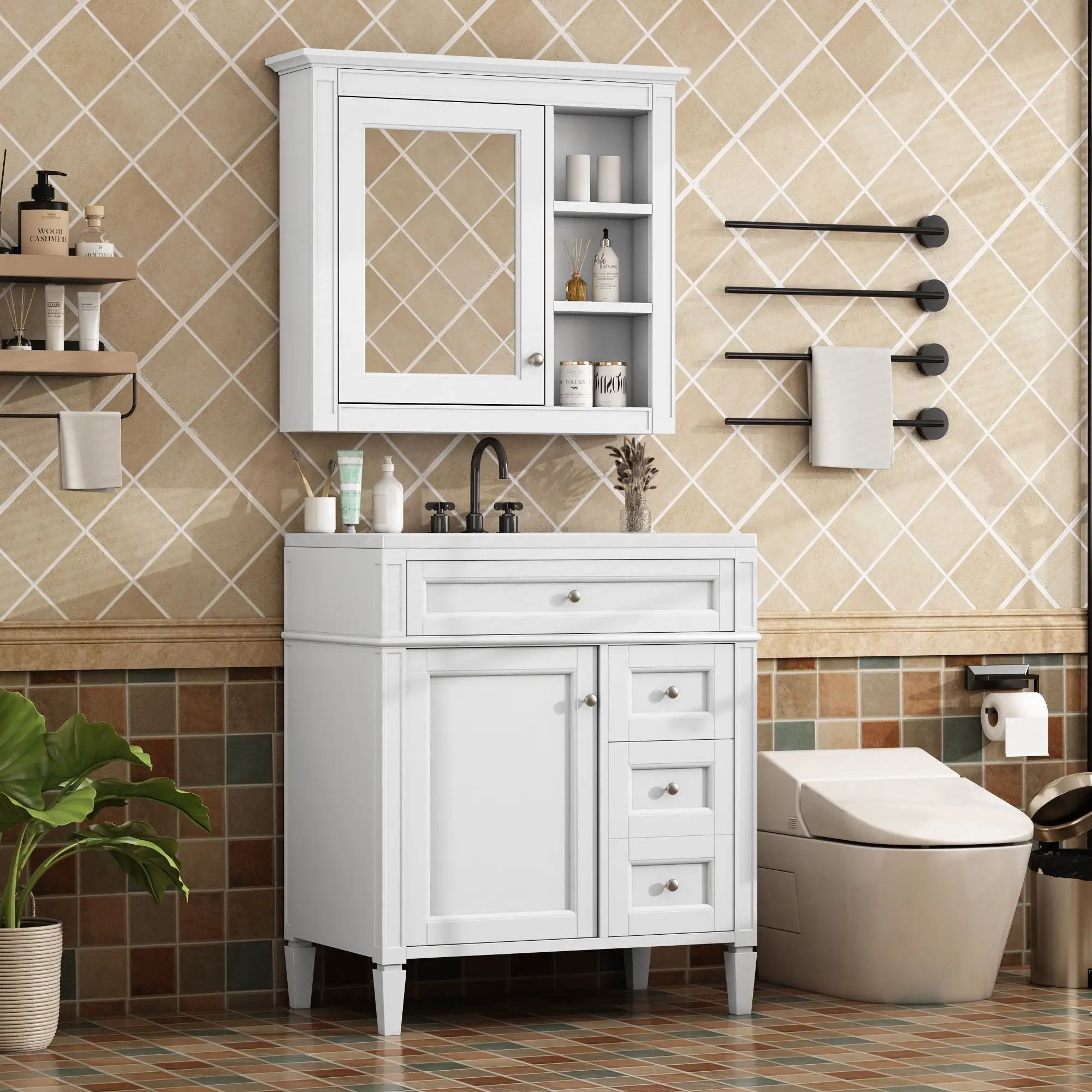 Bathroom Vanity With Top Sink, 2 Doors And 3 Drawers, Freestanding Set With Mirror Cabinet by HouseOfZazla