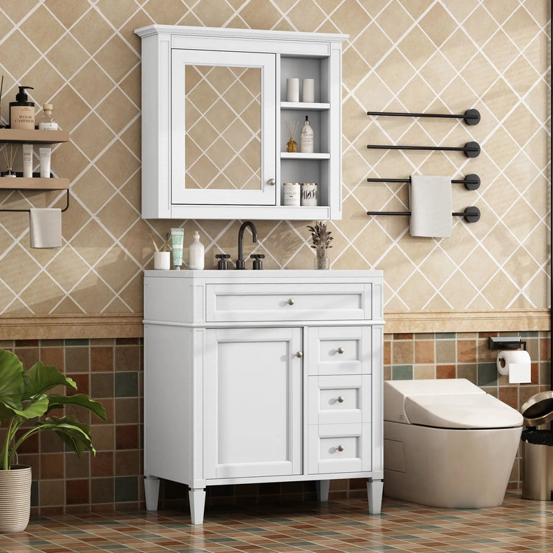 Bathroom Vanity With Top Sink, 2 Doors And 3 Drawers, Freestanding Set With Mirror Cabinet by HouseOfZazla