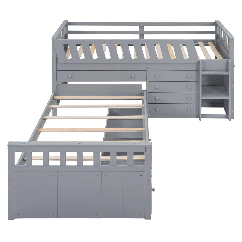Loft Platform Bed With 7 Drawers And Full Guardrails, Modern L Shaped Space Savin by HouseOfZazla