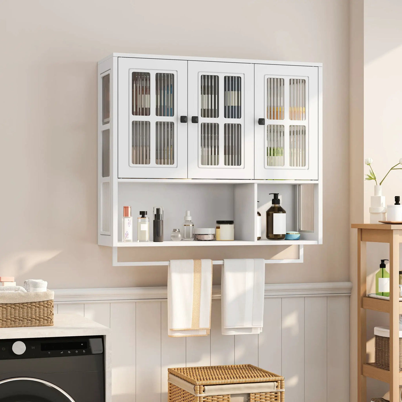 3 Door Wall Cabinet With Glass Door And Towel Bar by Unique Piece Furniture