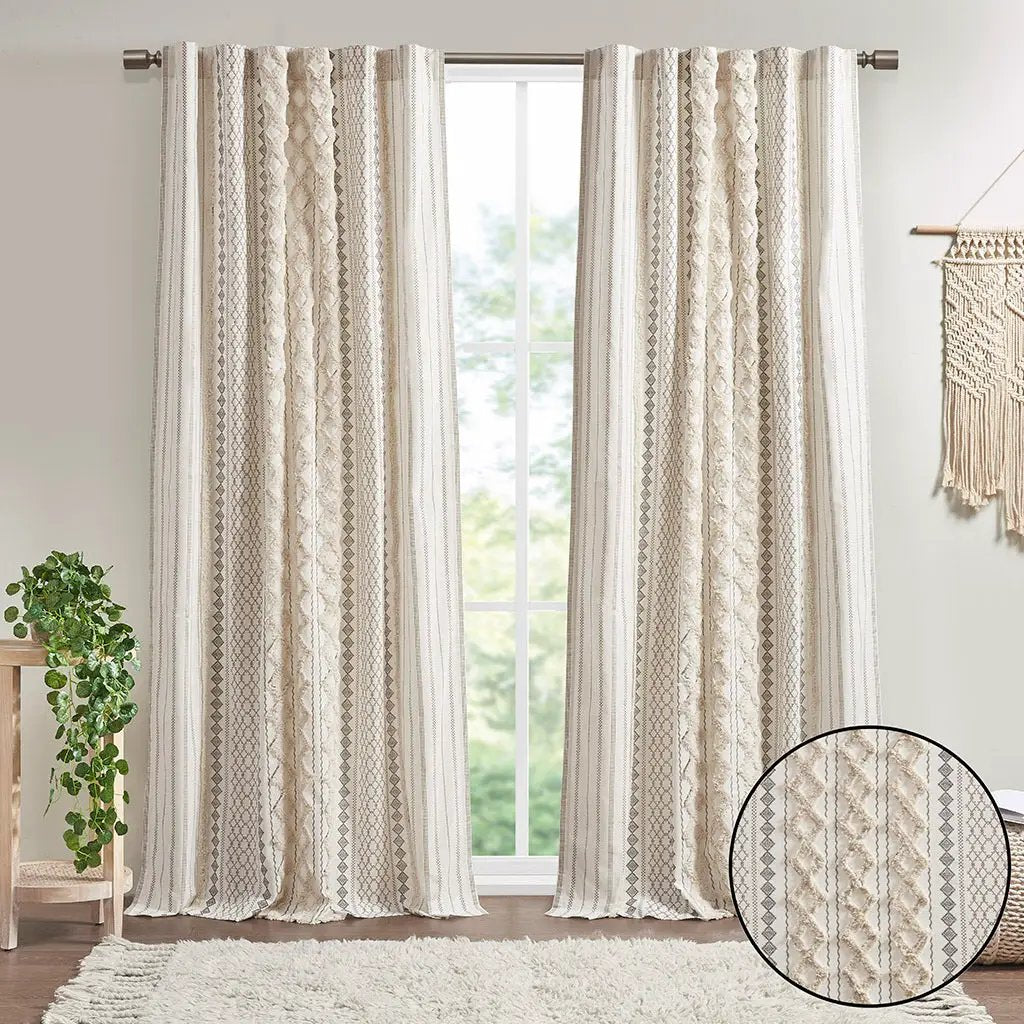 Cotton Printed Curtain Panel with Chenille Stripe and Lining Ivory 50x95 by HouseOfZazla
