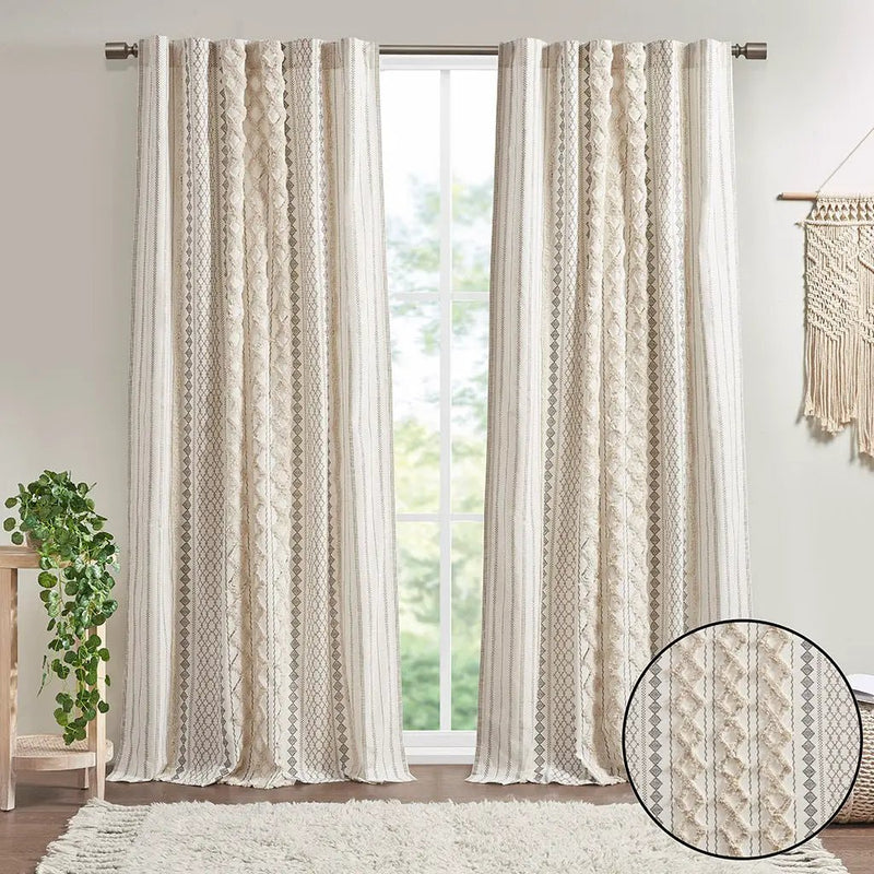 Cotton Printed Curtain Panel with Chenille Stripe and Lining Ivory 50x95 by HouseOfZazla