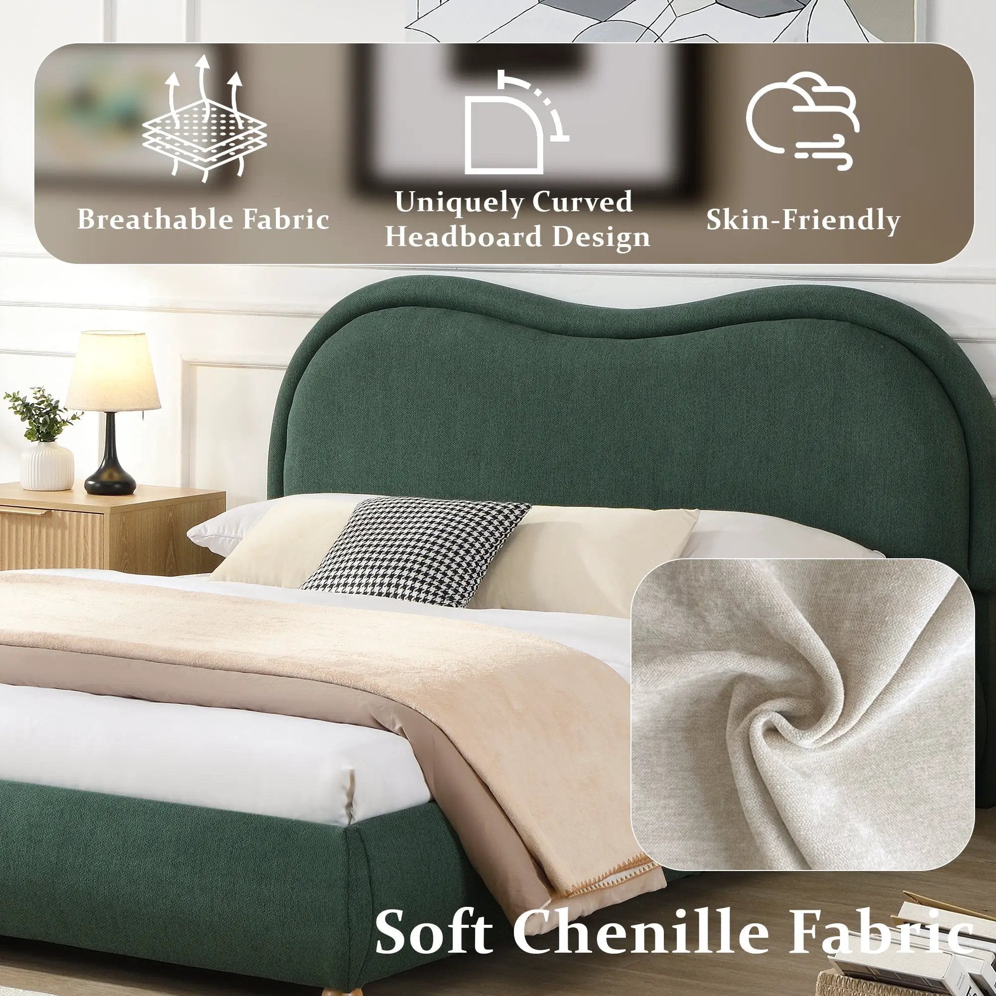 Queen Size Upholstered Platform Bed Frame with Rounded Corners Curved Headboard by HouseOfZazla