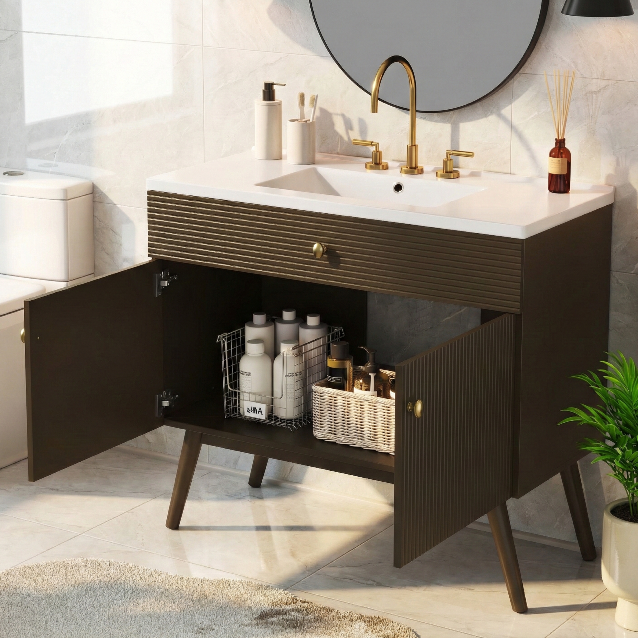 36" Luxury Striped Bathroom Vanity, Soft-Close Dual-Door Storage & Premium Ceramic Sink by HouseOfZazla