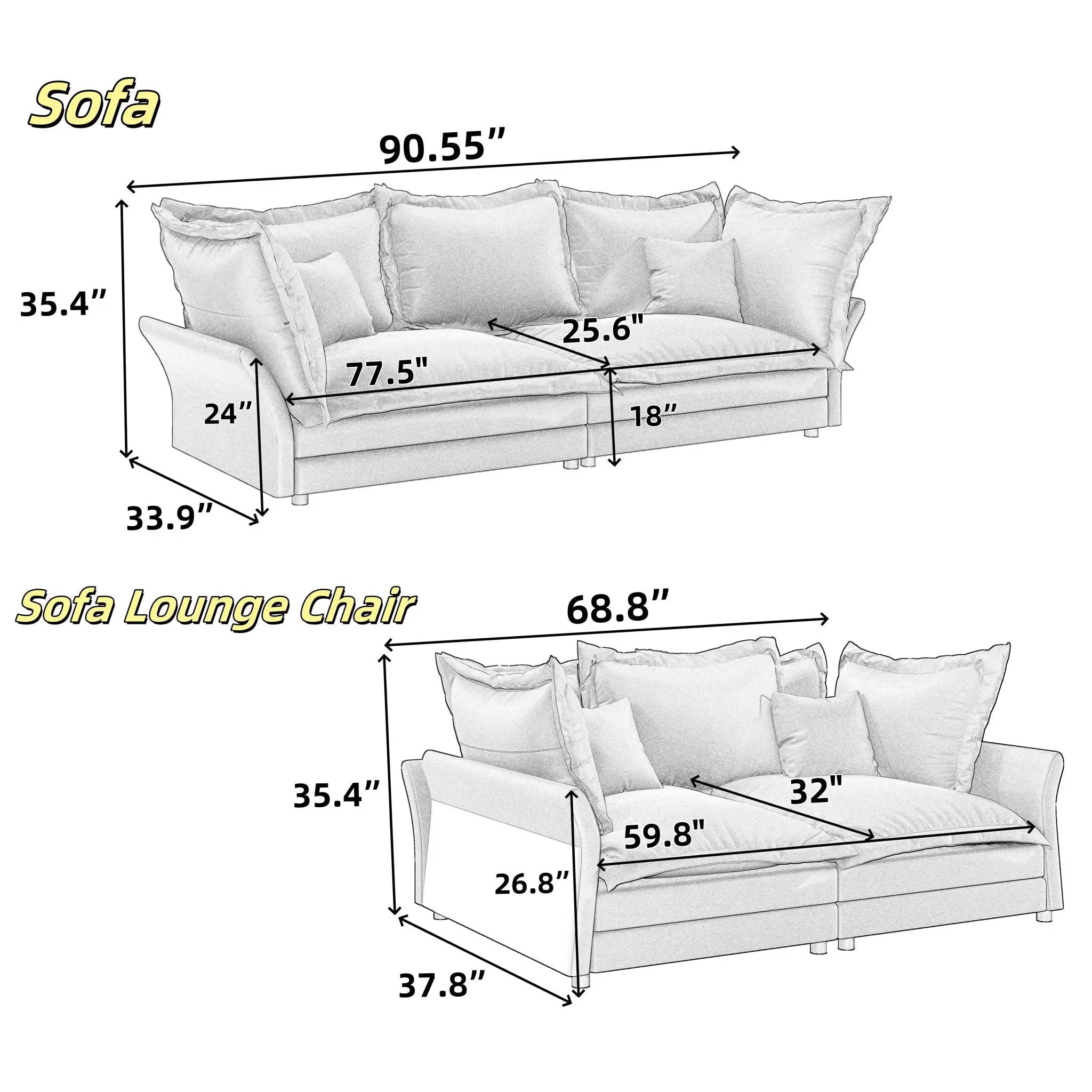 Modern Comfy Upholstered Sofa Cloud Couch, Deep Seat Couches With Multiple Large Soft Pillows by HouseOfZazla