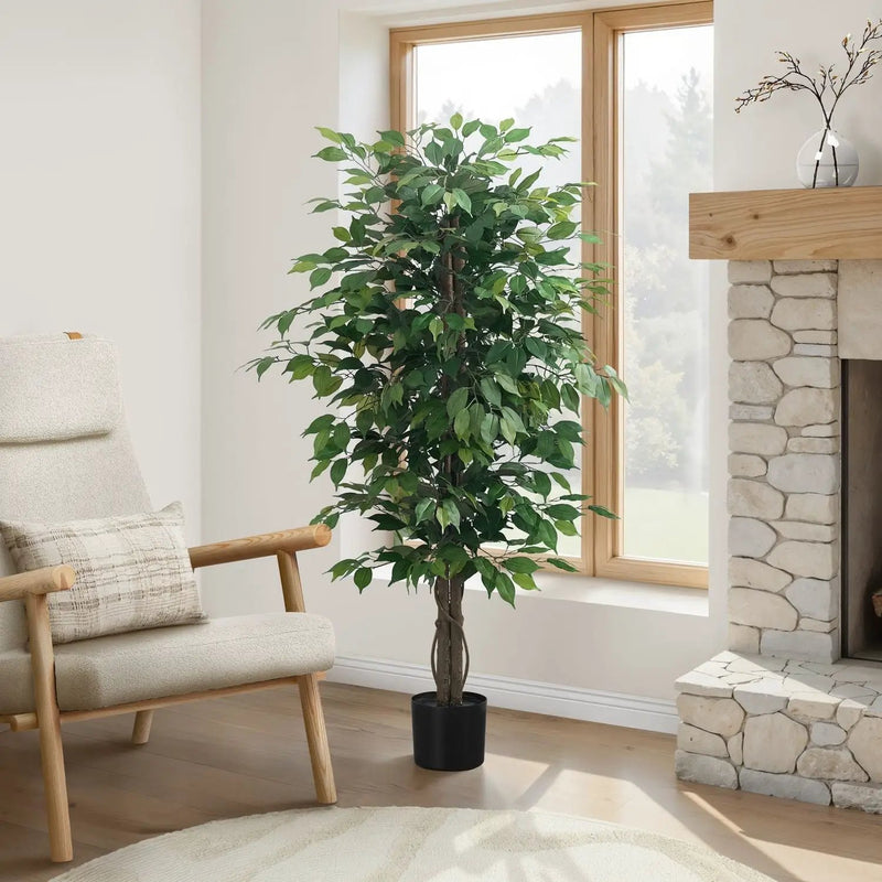 58" Tall, Artificial Plant, Ficus Tree, Indoor, Faux, Fake, Floor, Greenery, Potted, Decorative - Green / Black by Unique Piece Furniture