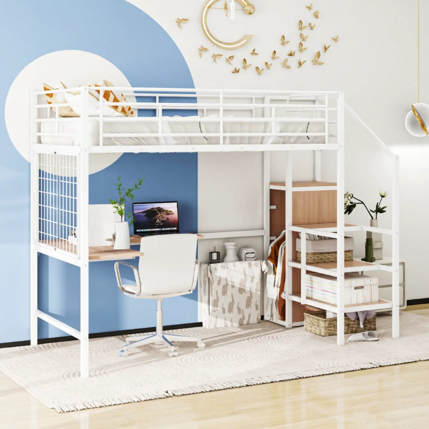 Loft Bed With Desk And Grid, Stylish Frame With Lateral Storage Ladder And Wardrobe by HouseOfZazla