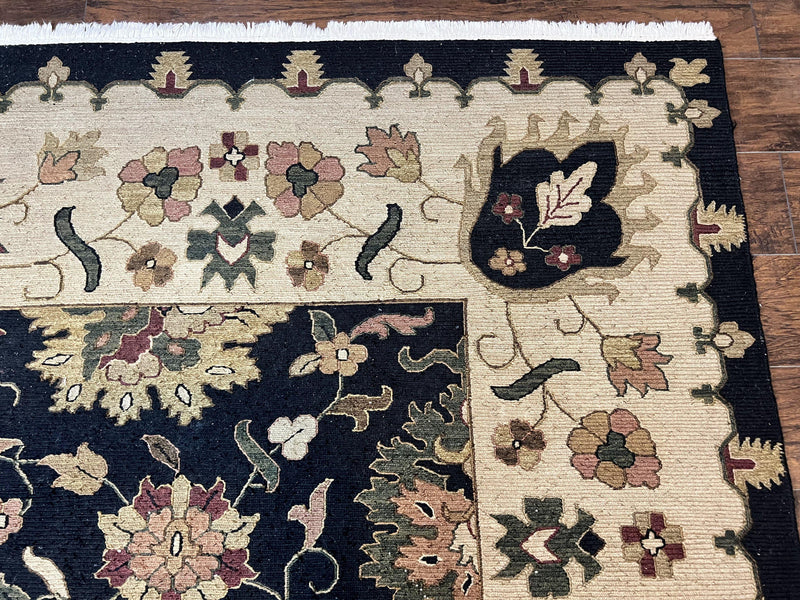 Indo Persian Rug 10x14, Wool Handmade Room Sized Floral Oriental Carpet, Indian Mahal Flatweave Rug, Black Beige by Jewel Rugs