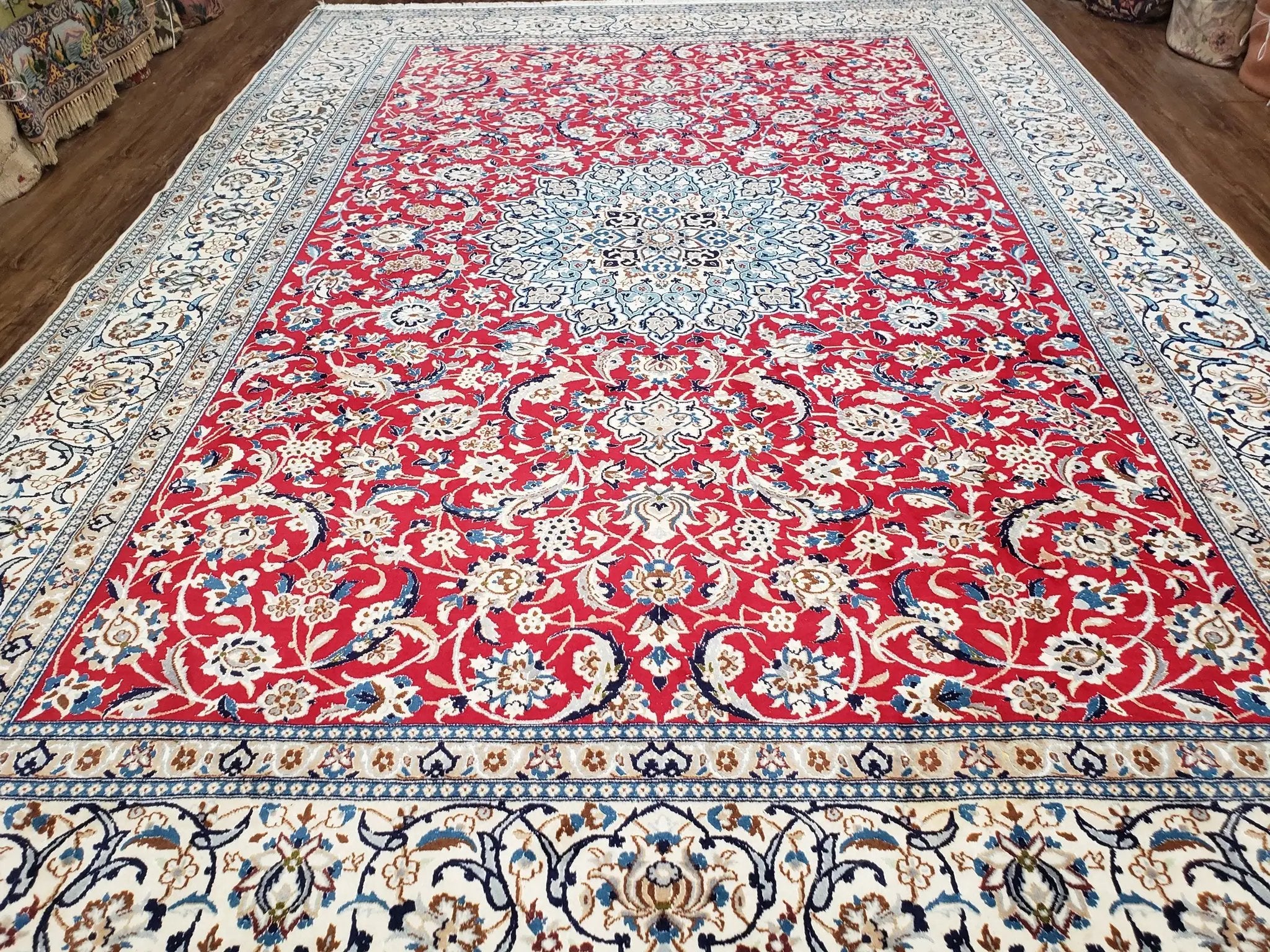 Persian Nain Rug 8x12, Red and Ivory, Signed by Jewel Rugs