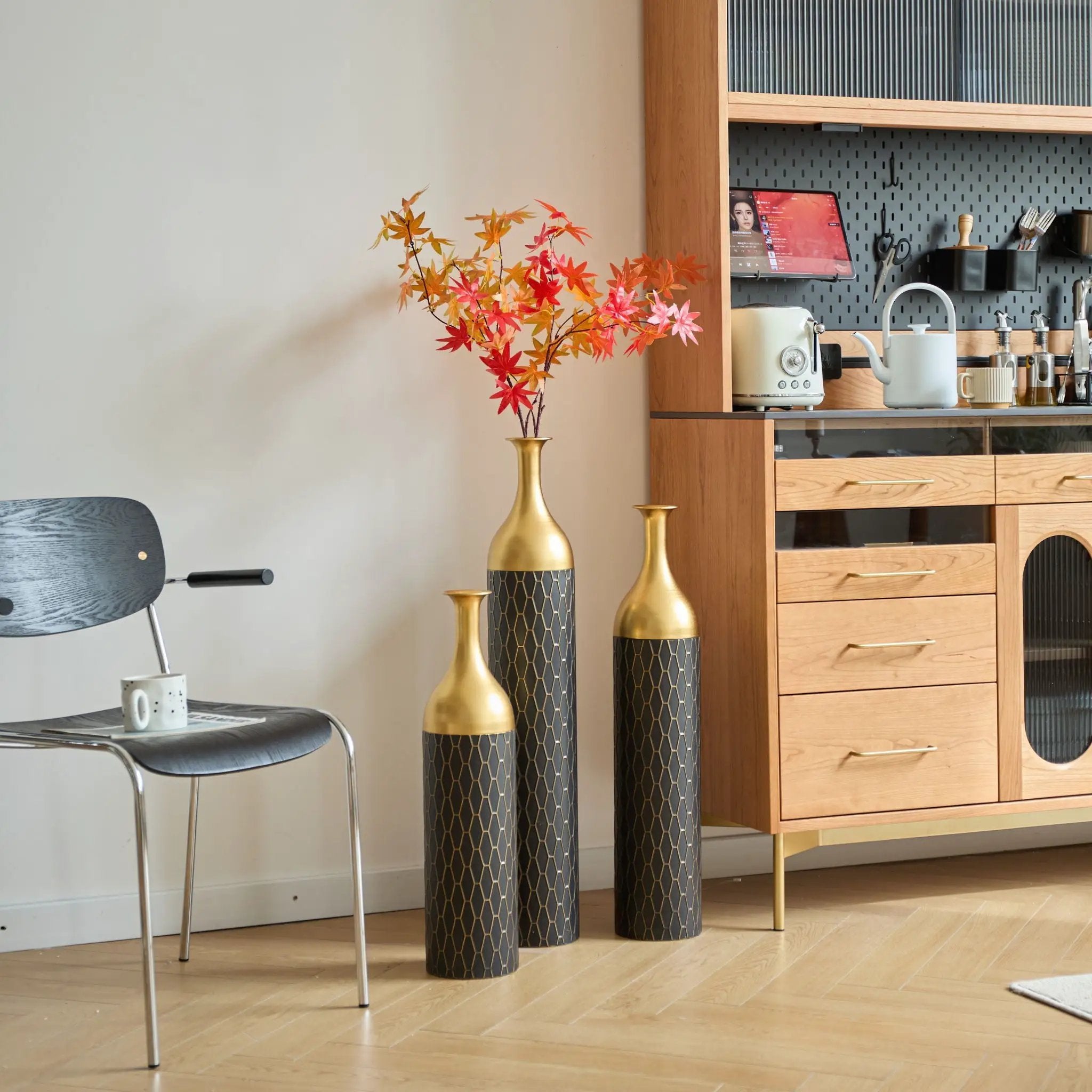 Elegant Floor Vase Set Metal Decorative Vases 3 Piece Set For Floral Display, Wedding & Gift Decor - Gold / Black by Unique Piece Furniture