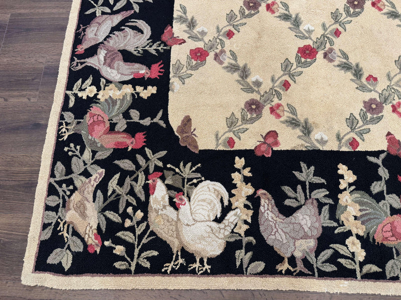 Vintage Hooked Rug 7x9, Rosters in Border, Roses and Butterflies by Jewel Rugs