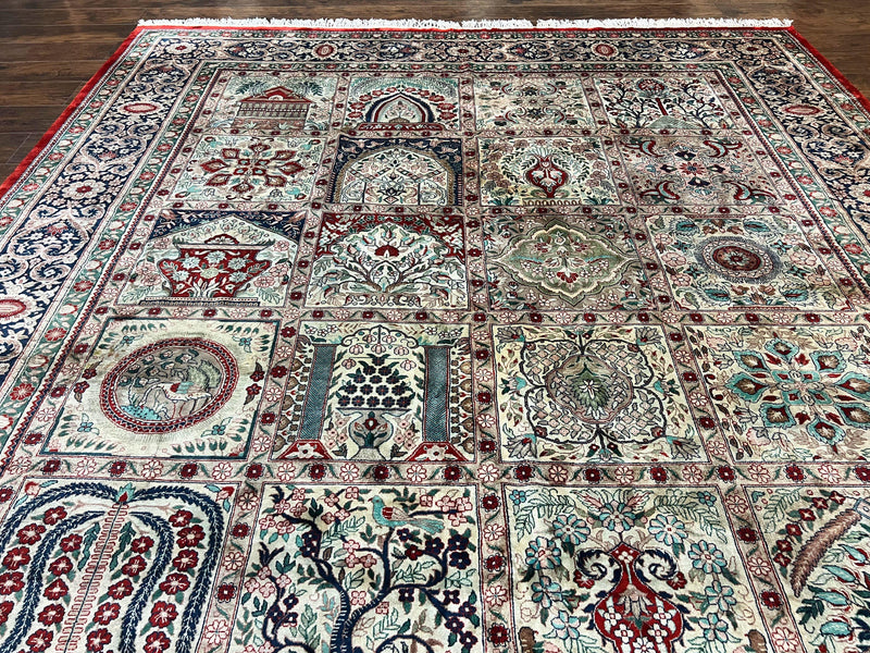 Silk Sino Persian Rug 9x12, Panel Design, Garden of Eden Pattern, Fine 200 KPSI, Hand Knotted Room Sized Silk Carpet, Vintage by Jewel Rugs