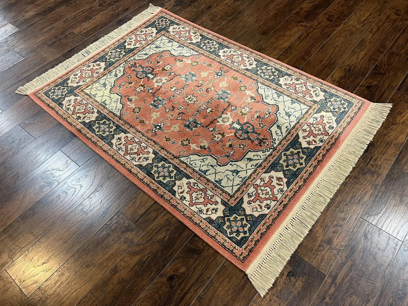 Karastan Rug 4x6 Bergama Design #737, Karastan Area Rug, Vintage Wool Karastan Carpet, Original Collection 700 Series, Salmon Red Light Blue by Jewel Rugs