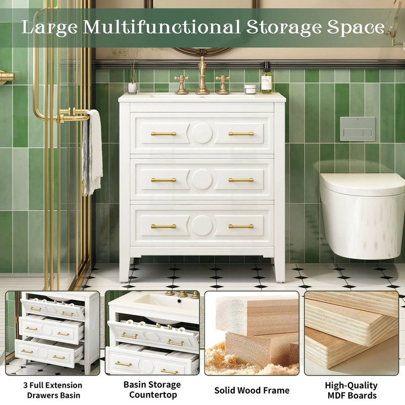 Retro Bathroom Vanity With Sink Combo, Free Standing Single Set With 3 Drawers