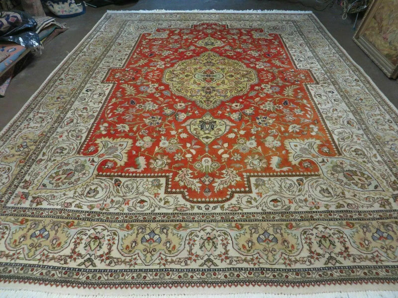 Vintage Persian Tabriz Rug 9x12, Tabatabaie Rug 9x12 Carpet, Handmade Hand Knotted Wool Area Rug, Tomato Red Beige, Medallion Rug, Floral by Jewel Rugs