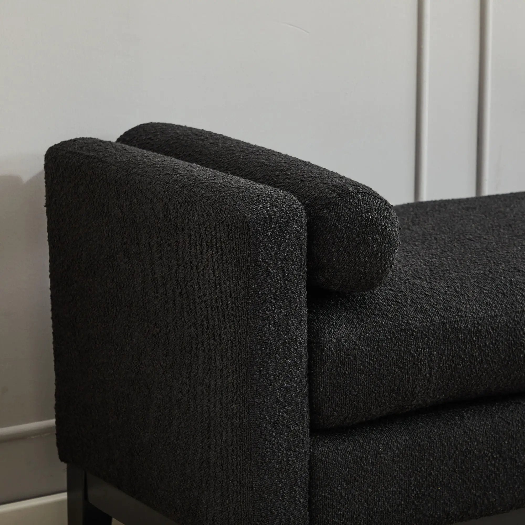 Elegant Upholstered Bench, Daybed, Ottoman With Wood Legs & 2 Bolster Pillows - Black Boucle by HouseOfZazla