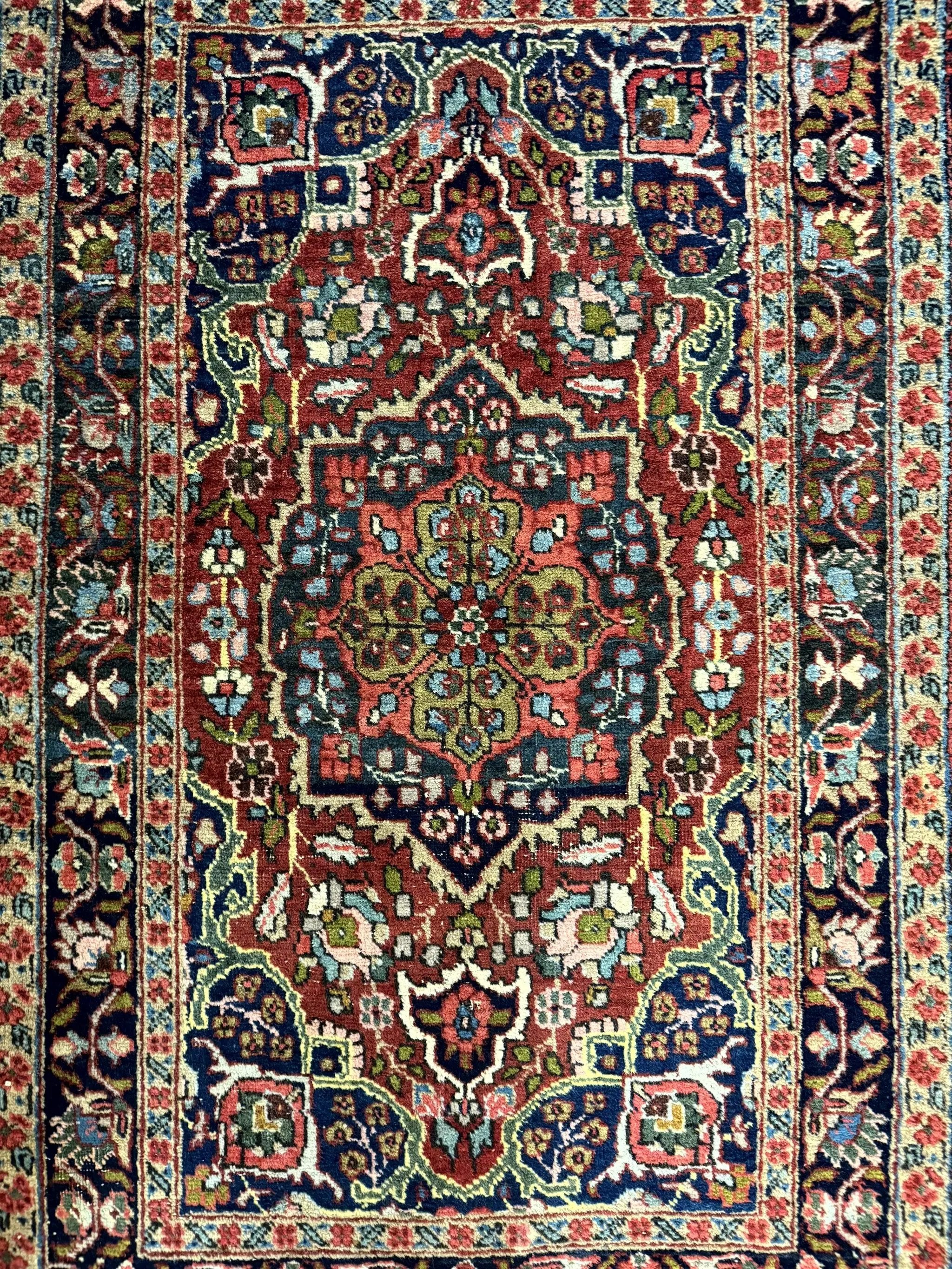 Antique Persian Tabriz Rug 3x5, Brick Red Navy Blue, Floral Medallion, Small Persian Carpet by Jewel Rugs