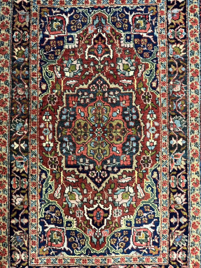 Antique Persian Tabriz Rug 3x5, Brick Red Navy Blue, Floral Medallion, Small Persian Carpet by Jewel Rugs