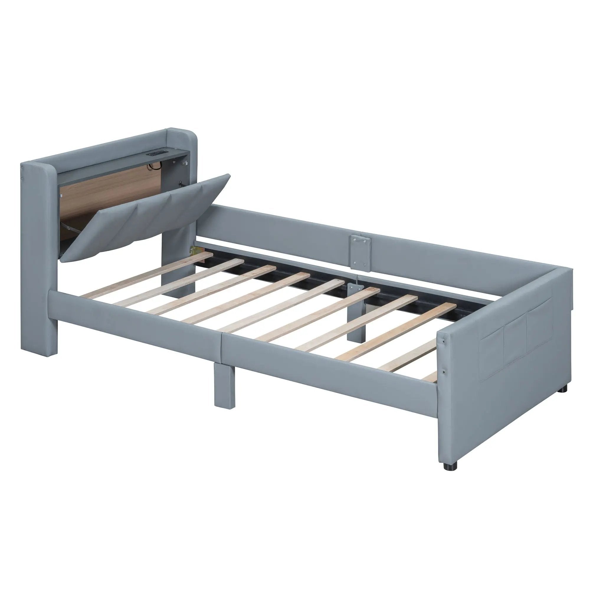 Upholstered Mother & Child Bed With Hydraulic Storage System, Drawer Box, Bedhead Storage Shelf And 2 Pairs Of Sockets & USB Ports by HouseOfZazla
