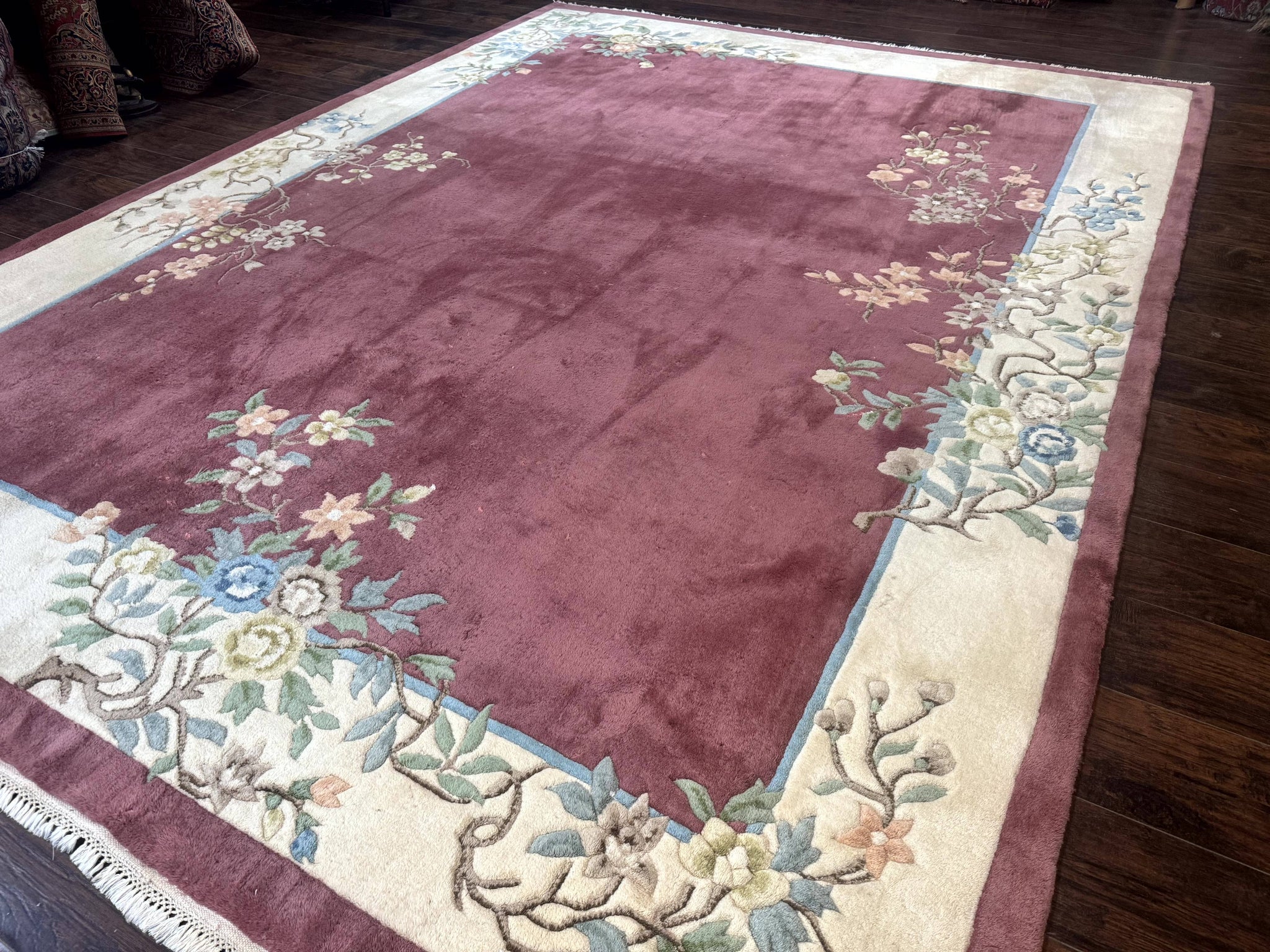 Indo Chinese Art Deco Rug 9x12, Pink and Ivory, Open Filed, Floral, Wool by Jewel Rugs
