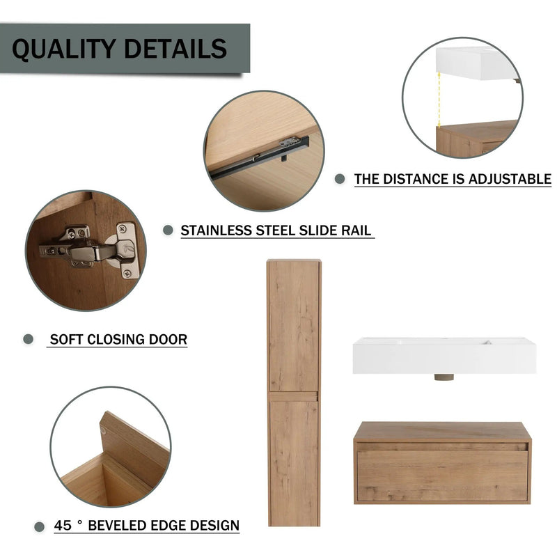 Modern Wall Mounted 30 Inch Bathroom Vanity With Resin Sink And 2 Side Cabinet In Imitative - Imitative Oak by HouseOfZazla