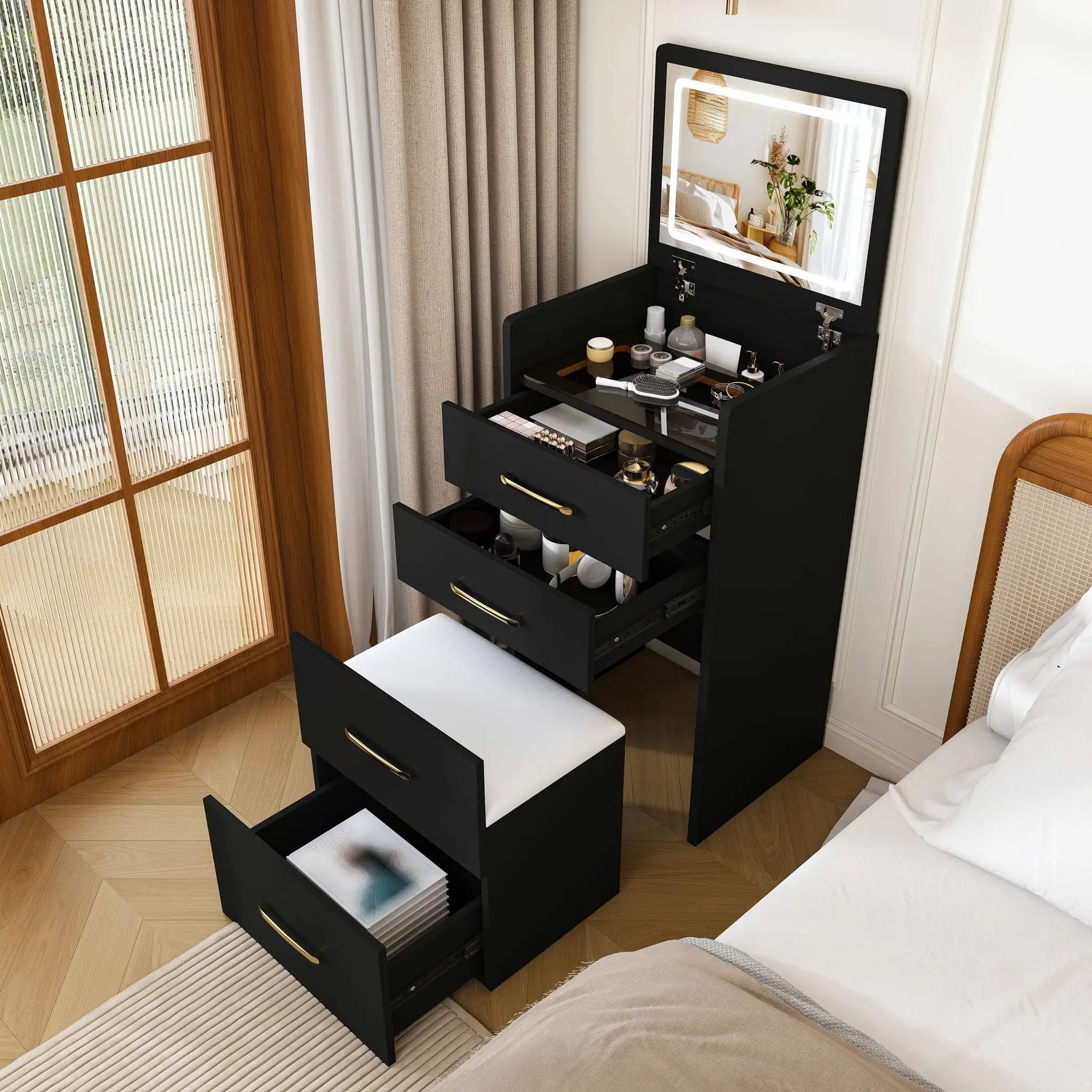 3 In 1 Vanity Desk With Open Top Mirror, Glass Desktop Makeup Set With 3 Drawers, Compact Dressing Table For Bedroom - Black by HouseOfZazla