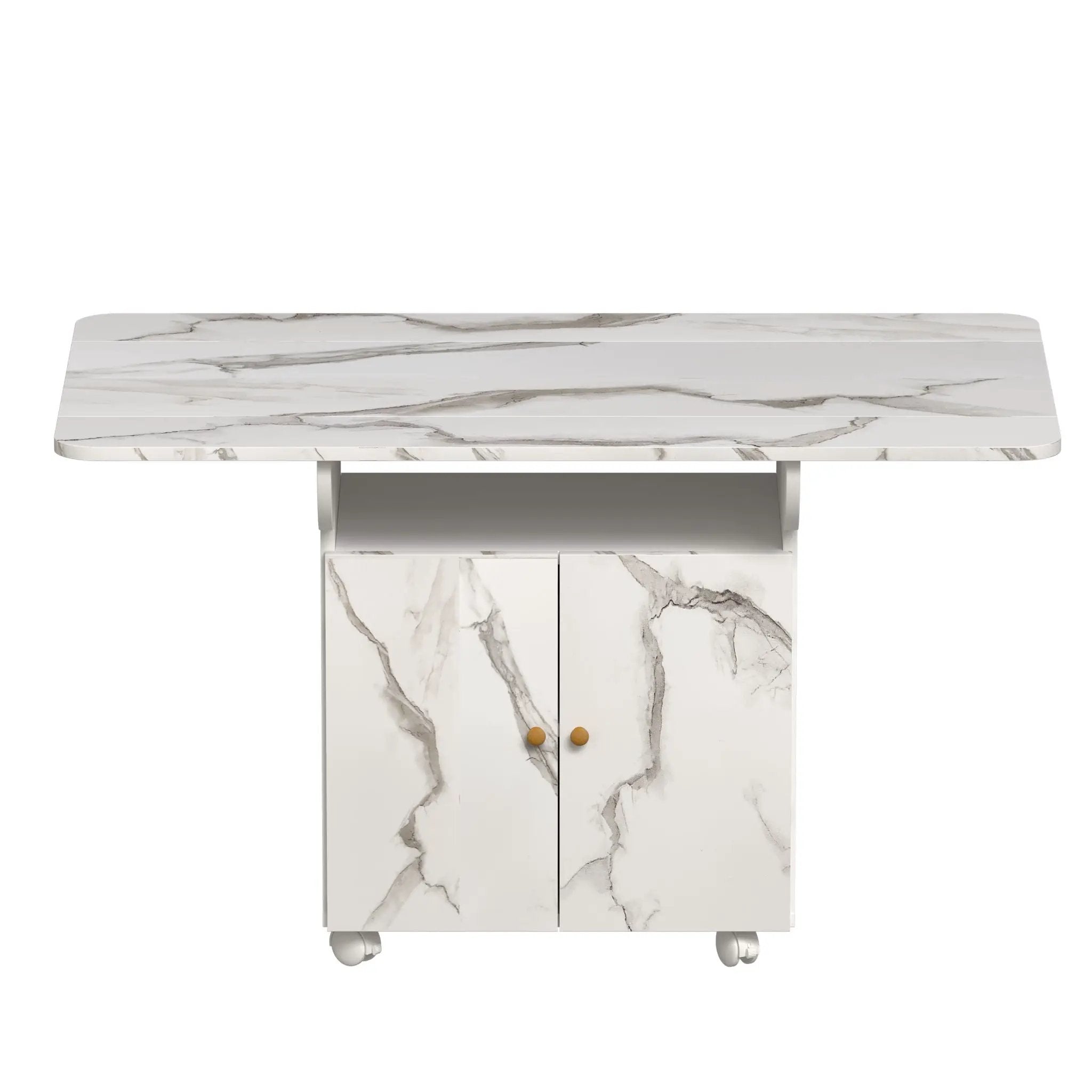 Versatile Marble Folding Dining Table With Storage Rack And Cabinet, 6 Wheels - White by HouseOfZazla
