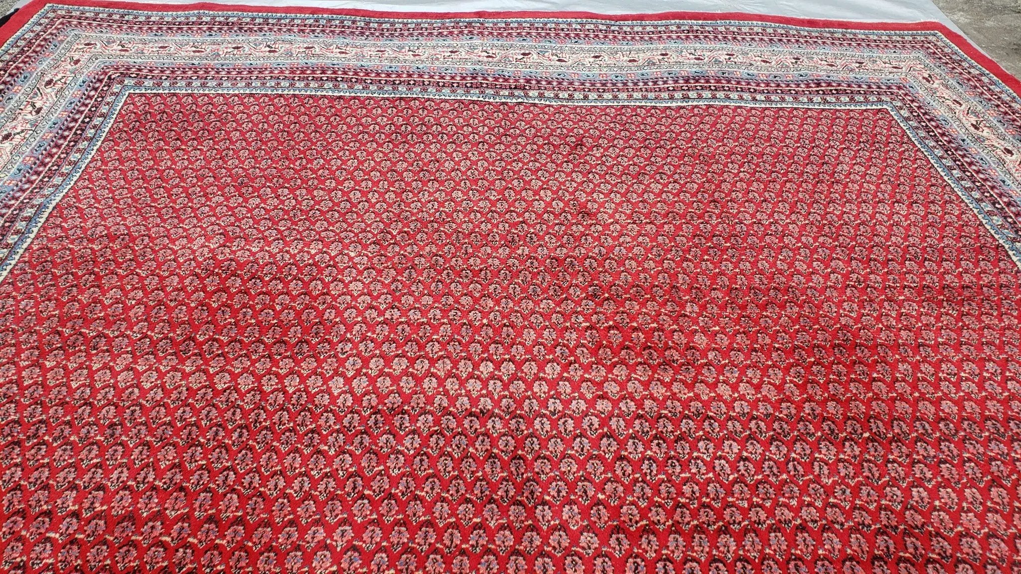 Persian Sarouk Mir Pattern, Red and Beige, Hand-Knotted, Wool, Paisley Boteh Design, 9'9" x 13', Semi Antique by Jewel Rugs