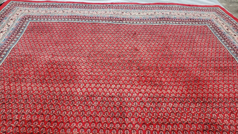 Persian Sarouk Mir Pattern, Red and Beige, Hand-Knotted, Wool, Paisley Boteh Design, 9'9" x 13', Semi Antique by Jewel Rugs