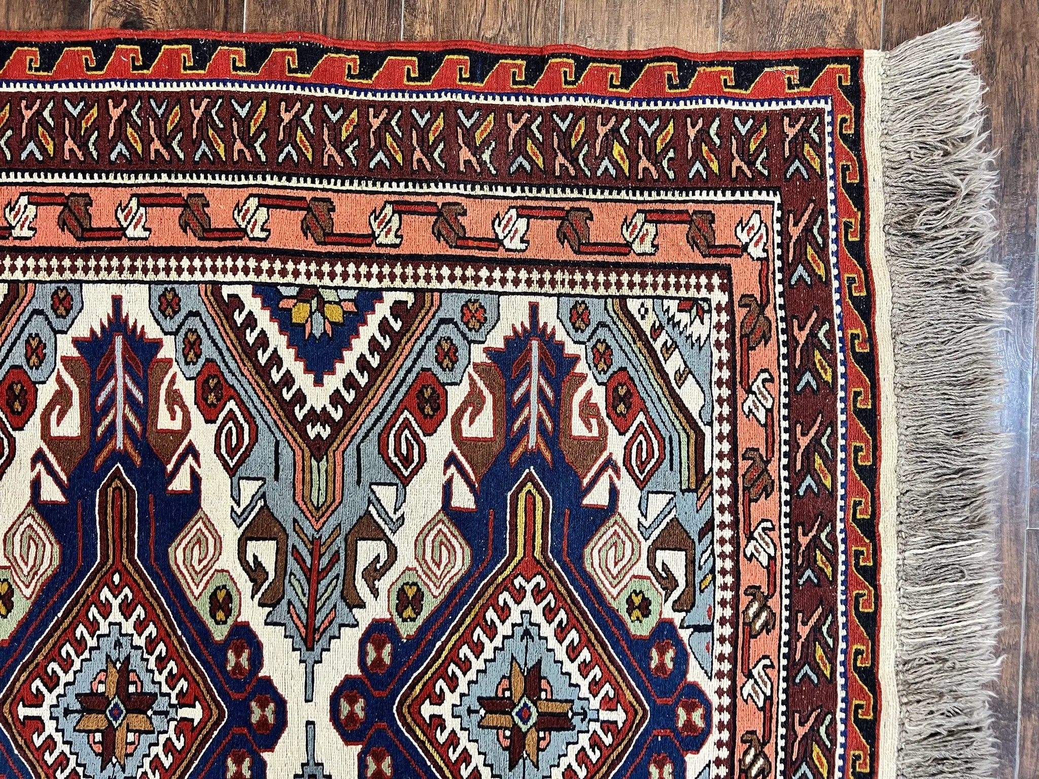 Russian Soumak Rug 6x8, Wool Handmade Antique Kilim Carpet, Multicolor 6 x 8 Geometric Medallions Caucasian Rug, Medium Size by Jewel Rugs
