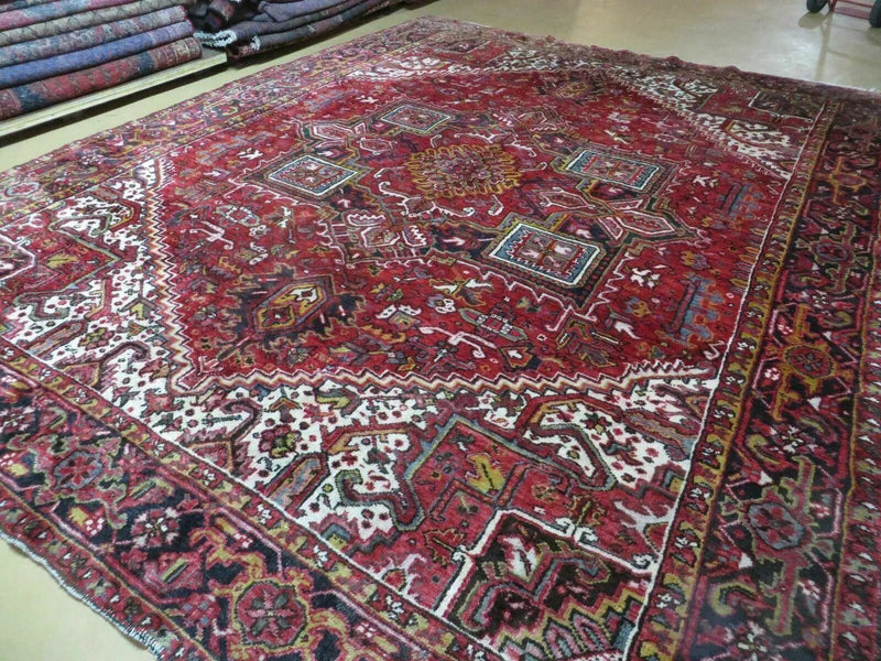 Heriz Rug 9x11, Geometric Persian Carpet Room Sized, Tribal Medallion Rug, Red Ivory Dark Blue Handmade Wool Rug for Living Room Dining Room by Jewel Rugs