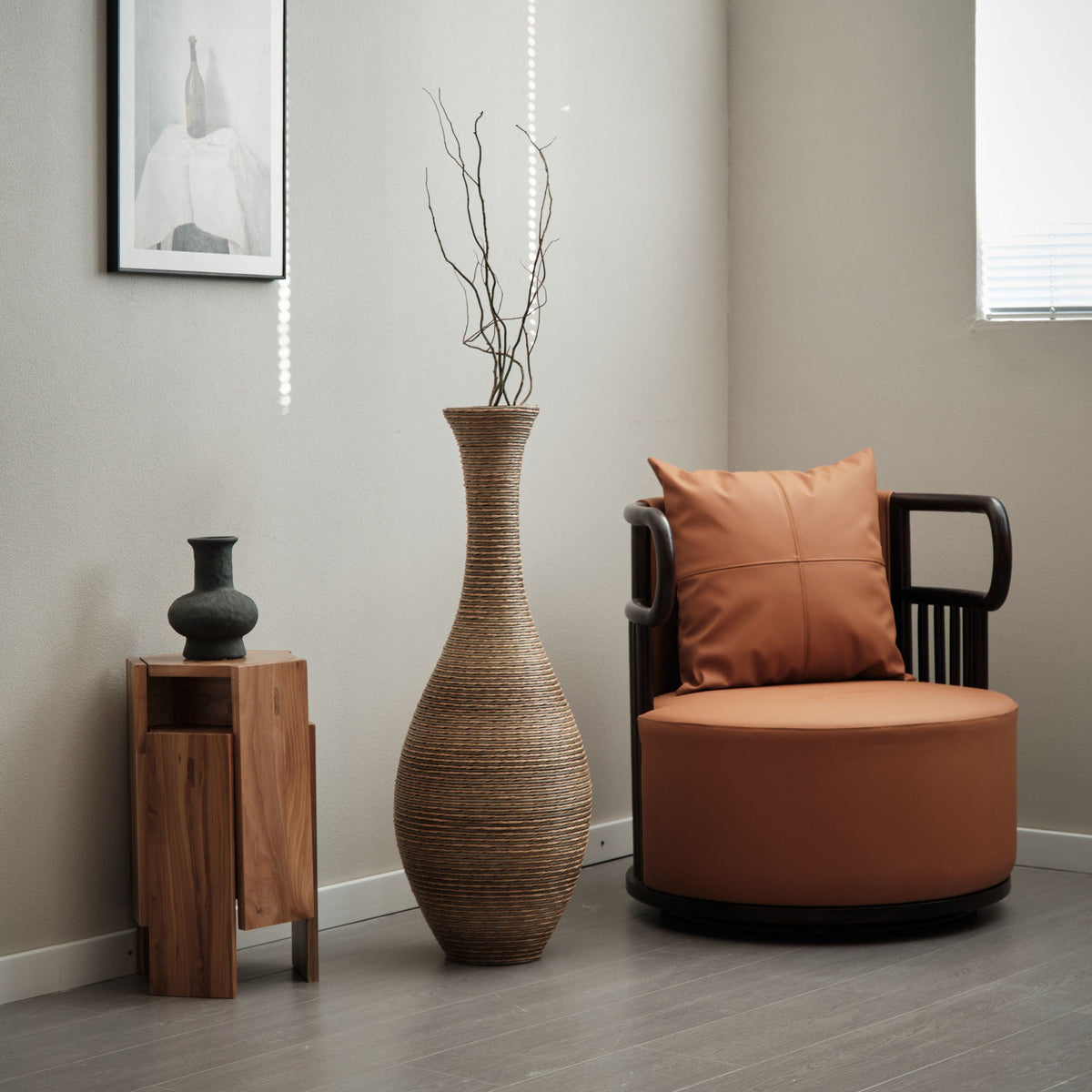 Tall Artificial Rattan Floor Vase with Artistic Design - Beige / Gray, photo 20 of 23